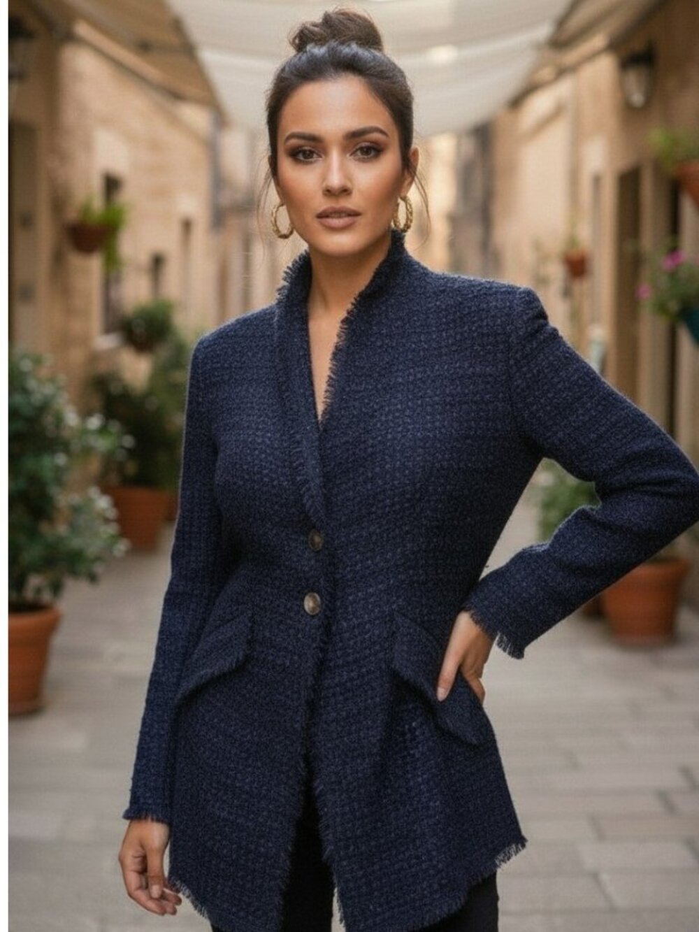 VINTAGE ESCADA Bouclé Tweed Blazer 44 8 M Blue Silk Wool Textured Sparkle Jacket